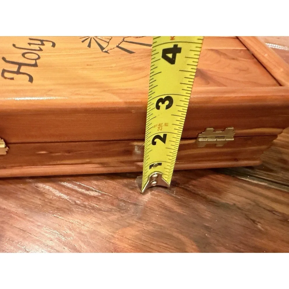 Vintage Cedar Box Wooden Storage Case With Holy Bible Blue Felt Lined Hinged